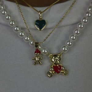 Gold Bear Necklace Pearl Chain